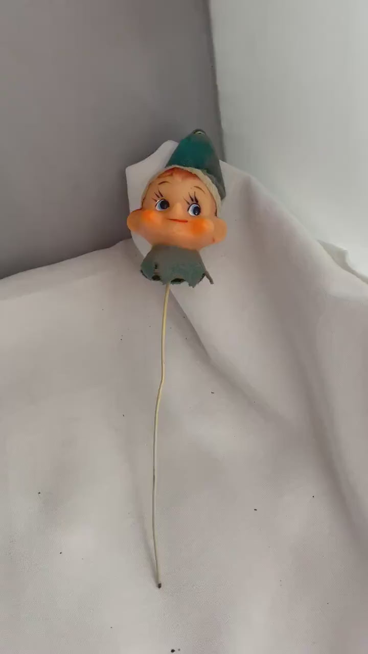 Vintage Rubber faced Christmas Pixie elf on stick. planter or Wreath decor for Christmas.