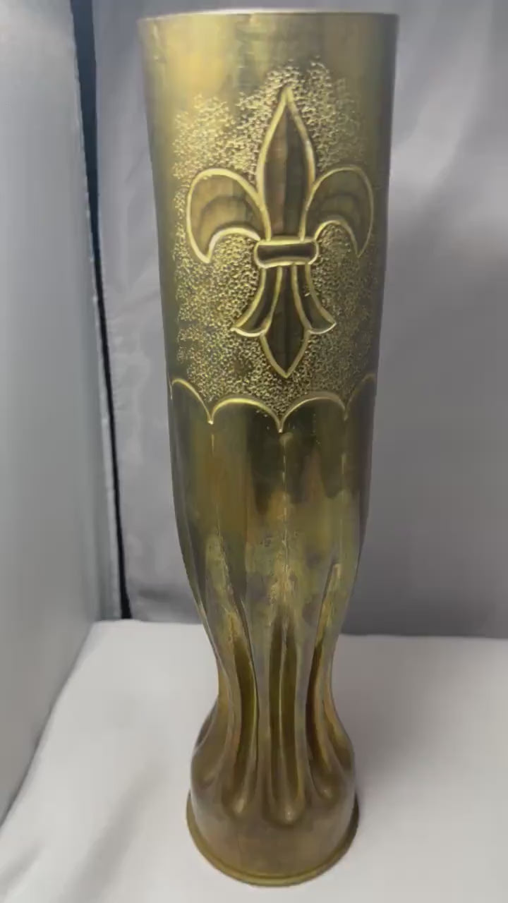 Antique Brass Trench Art Vase WW1 Verdun 75mm, World War 1 History Decor, Unique Memorial Gift, Fleur de Lis