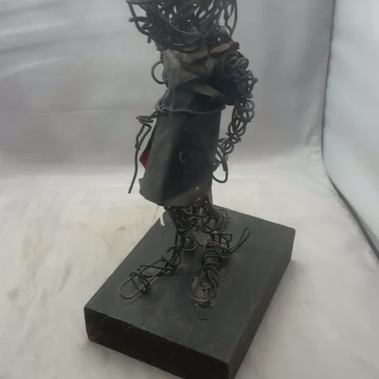 Abstract Art Sculpture with Black Wire and Wood Plynth by Eduardo Torres