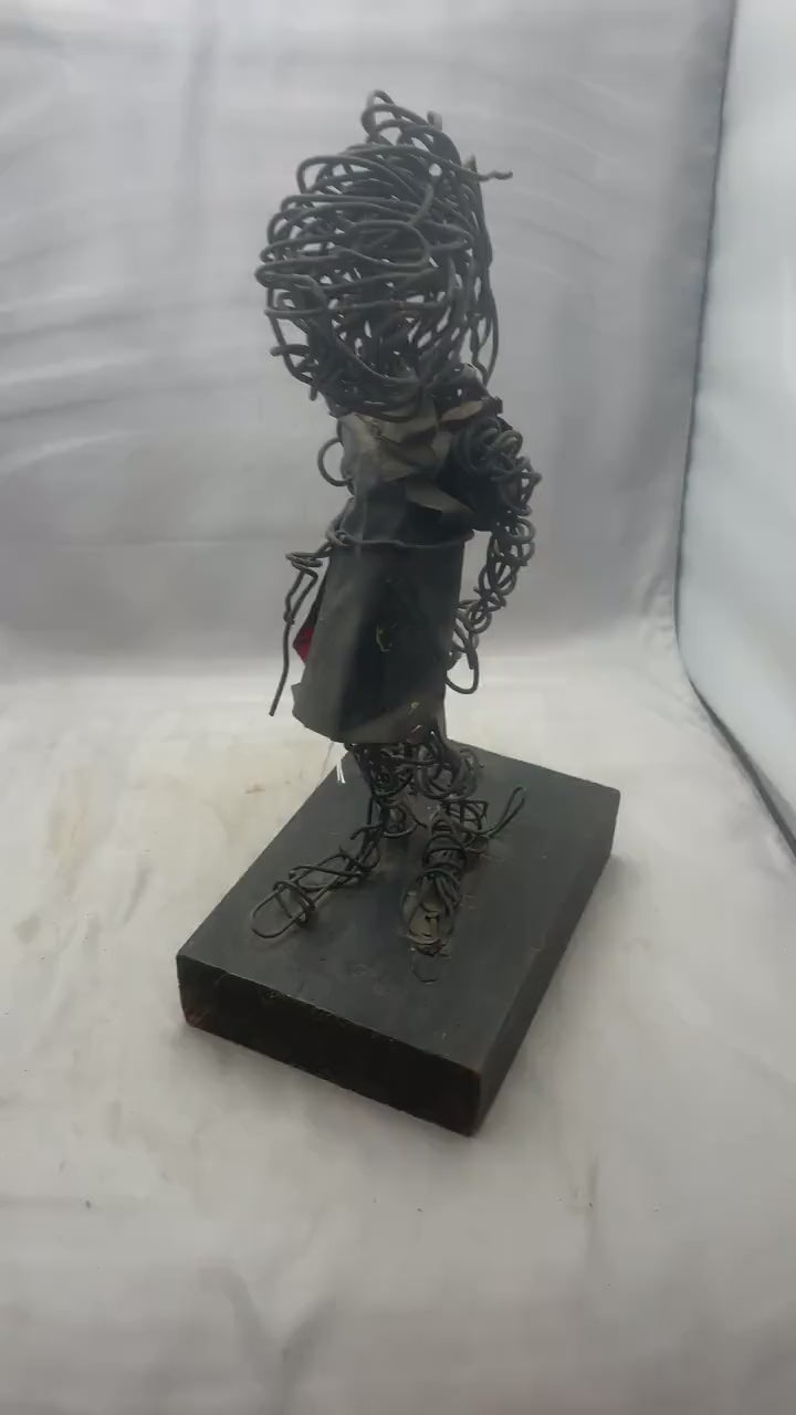 Abstract Art Sculpture with Black Wire and Wood Plynth by Eduardo Torres