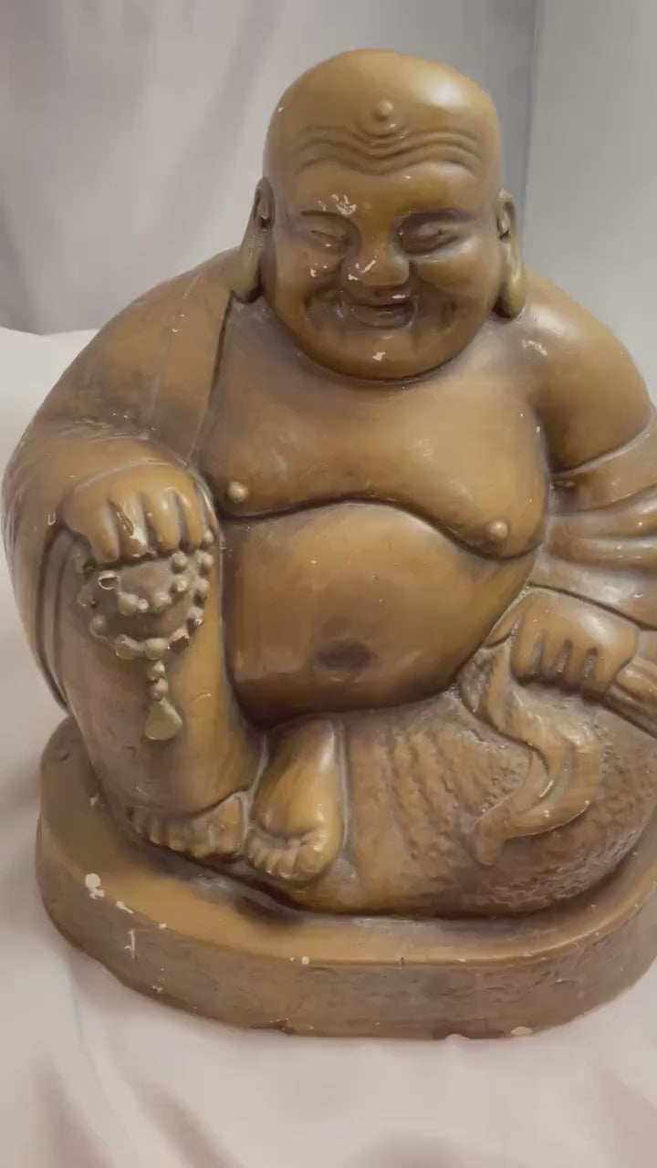 Vintage Large Ceramic Laughing Buddha Statue/figure. Can be touched up with bronze paint. Chip on Finger and base.