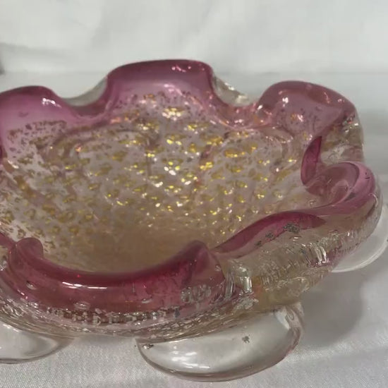 Vintage A. Barbini Venetian glass footed bowl w/gold & silver flake | Home Decor