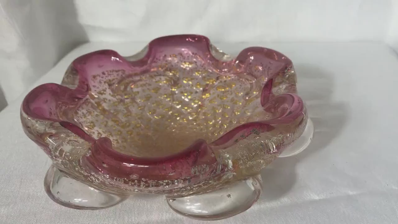 Vintage A. Barbini Venetian glass footed bowl w/gold & silver flake | Home Decor