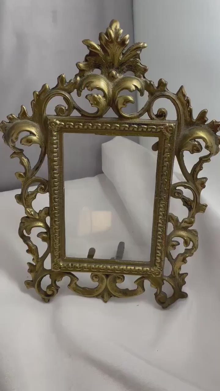 Antique Ornate solid Victorian picture frame cast metal and glass. 6x4.