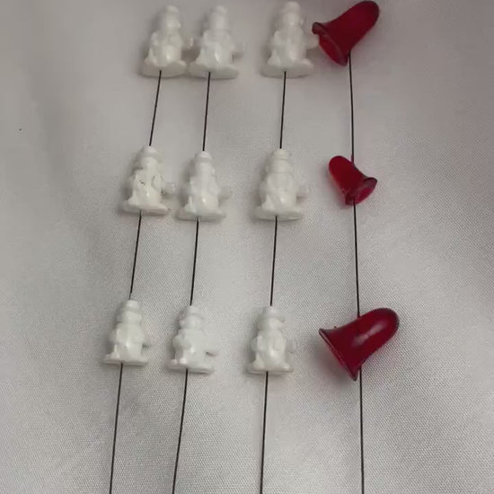 Vintage small Snowmen on wire. set of 3 . 1 Vintage Christmas bells on wire.