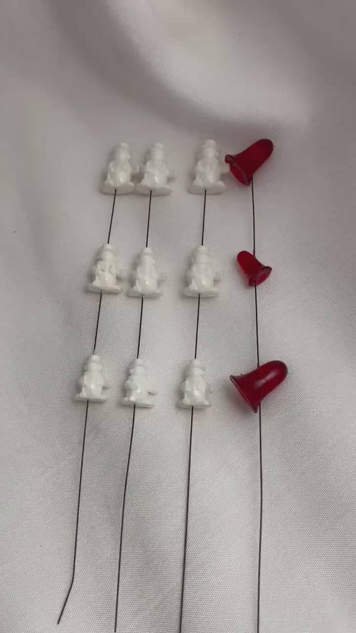 Vintage small Snowmen on wire. set of 3 . 1 Vintage Christmas bells on wire.